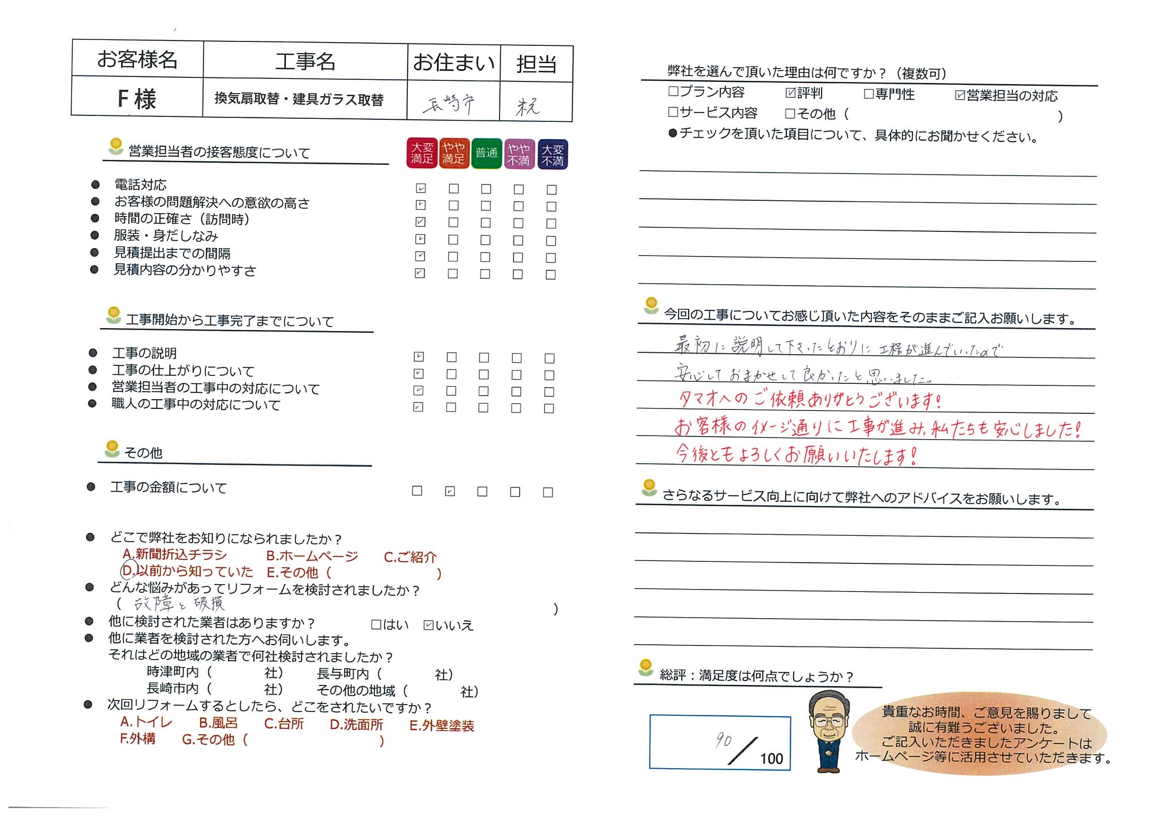 長崎市　Ｆ様邸　換気扇取替・建具ガラス取替