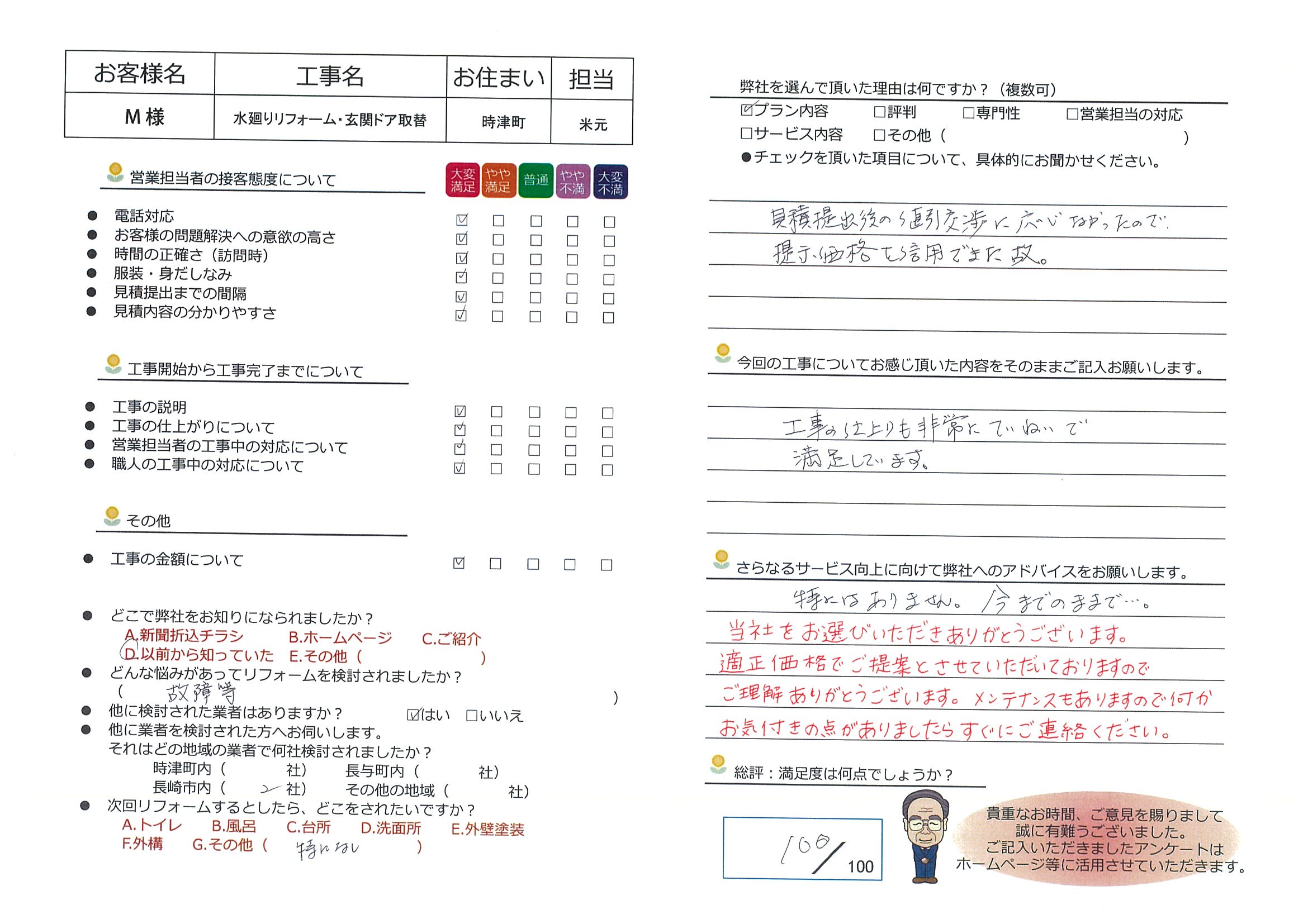 時津町　Ｍ様邸　水廻りリフォーム・玄関ドア取替