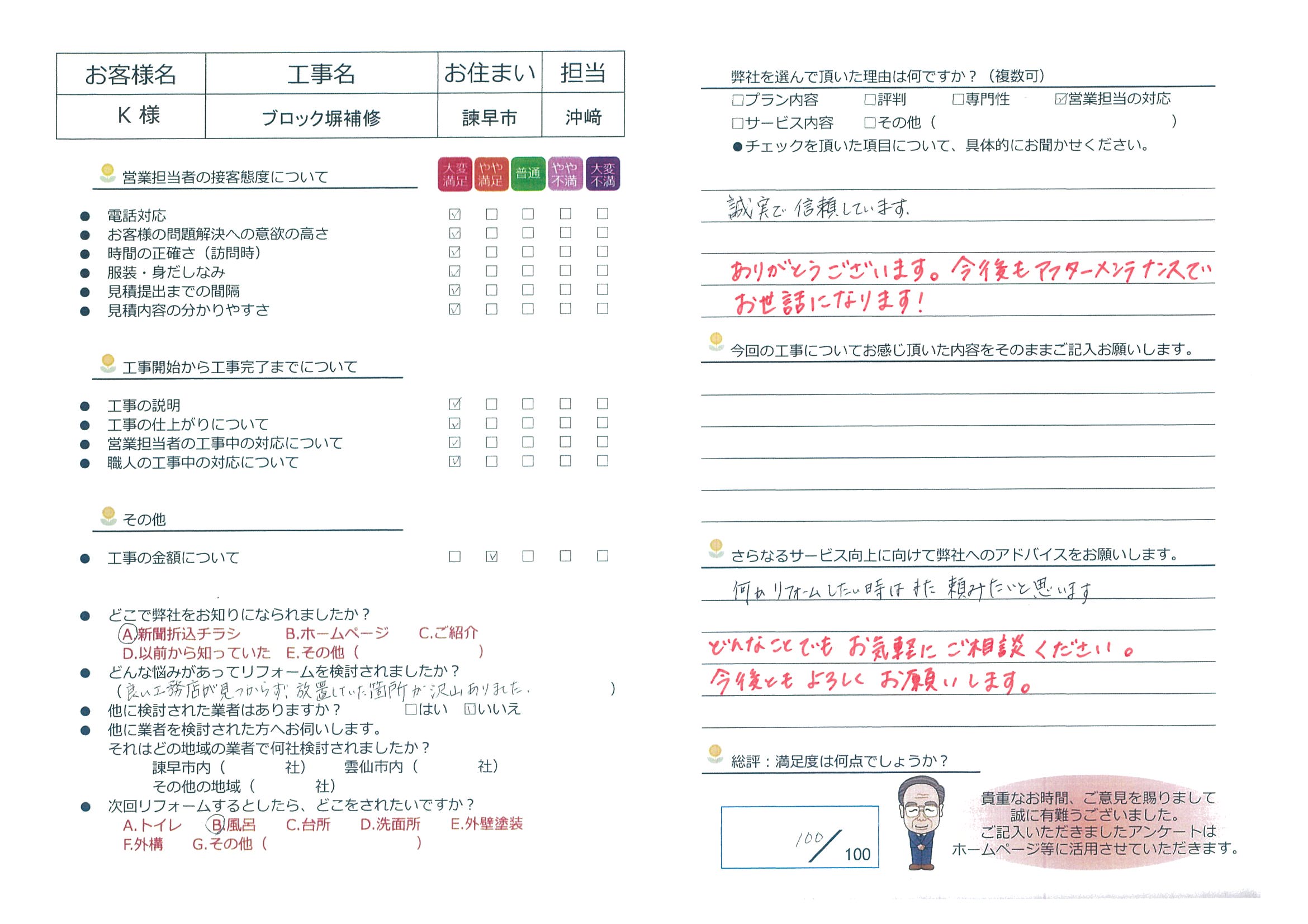 諫早市　Ｋ様邸　ブロック塀補修