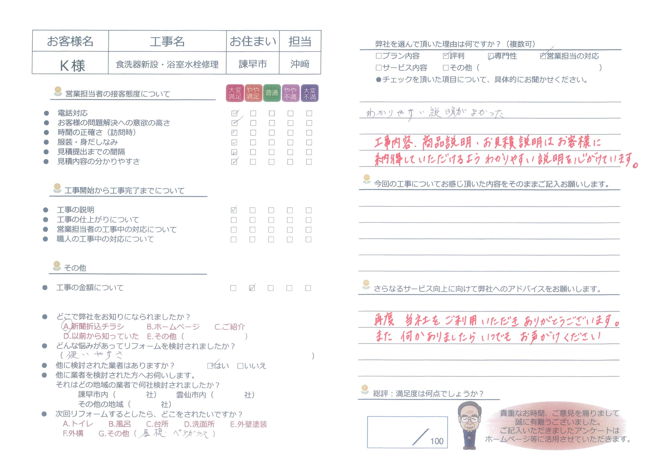 諫早市　Ｋ様邸　食洗機新設・浴室水栓取替