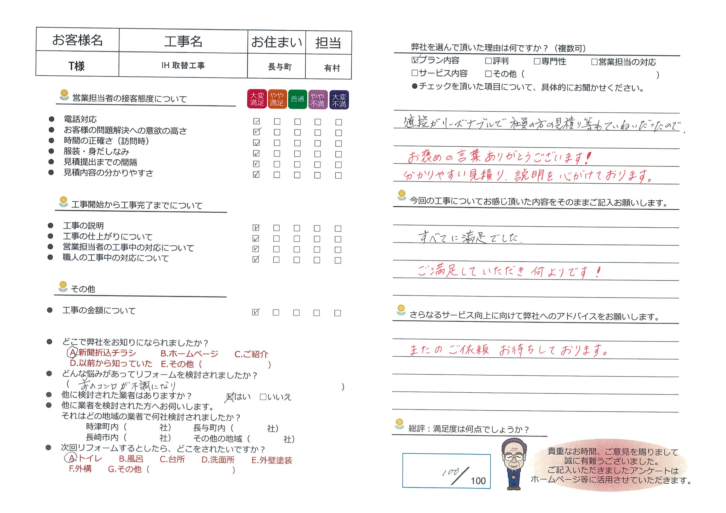 長与町　Ｔ様邸　ＩＨ取替工事