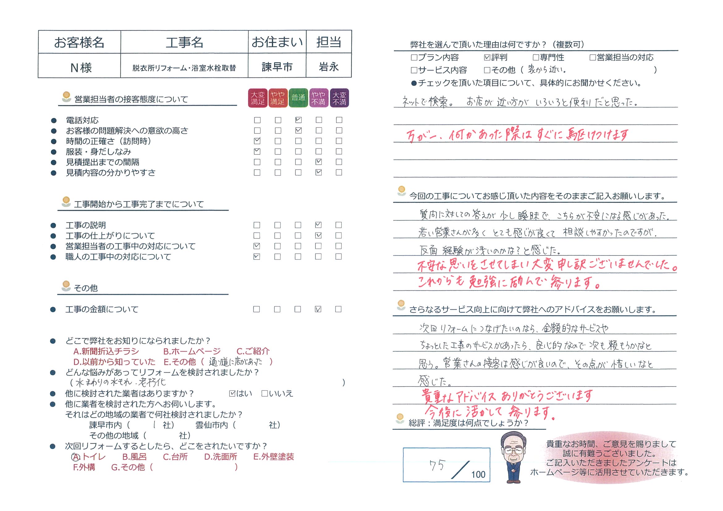 諫早市　Ｎ様邸　脱衣所リフォーム・浴室水栓取替