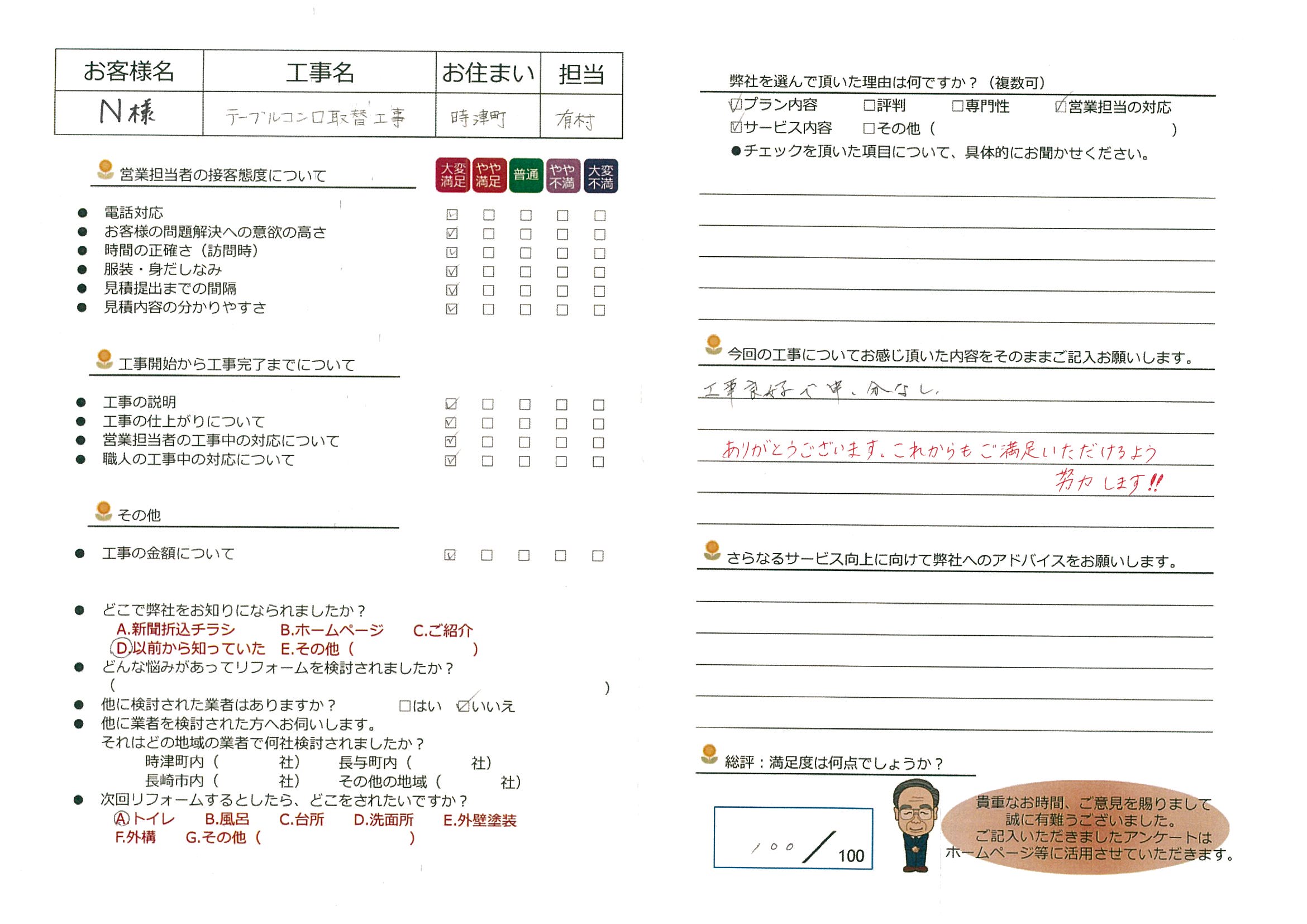 時津町　Ｎ様邸　テーブルコンロ取替工事