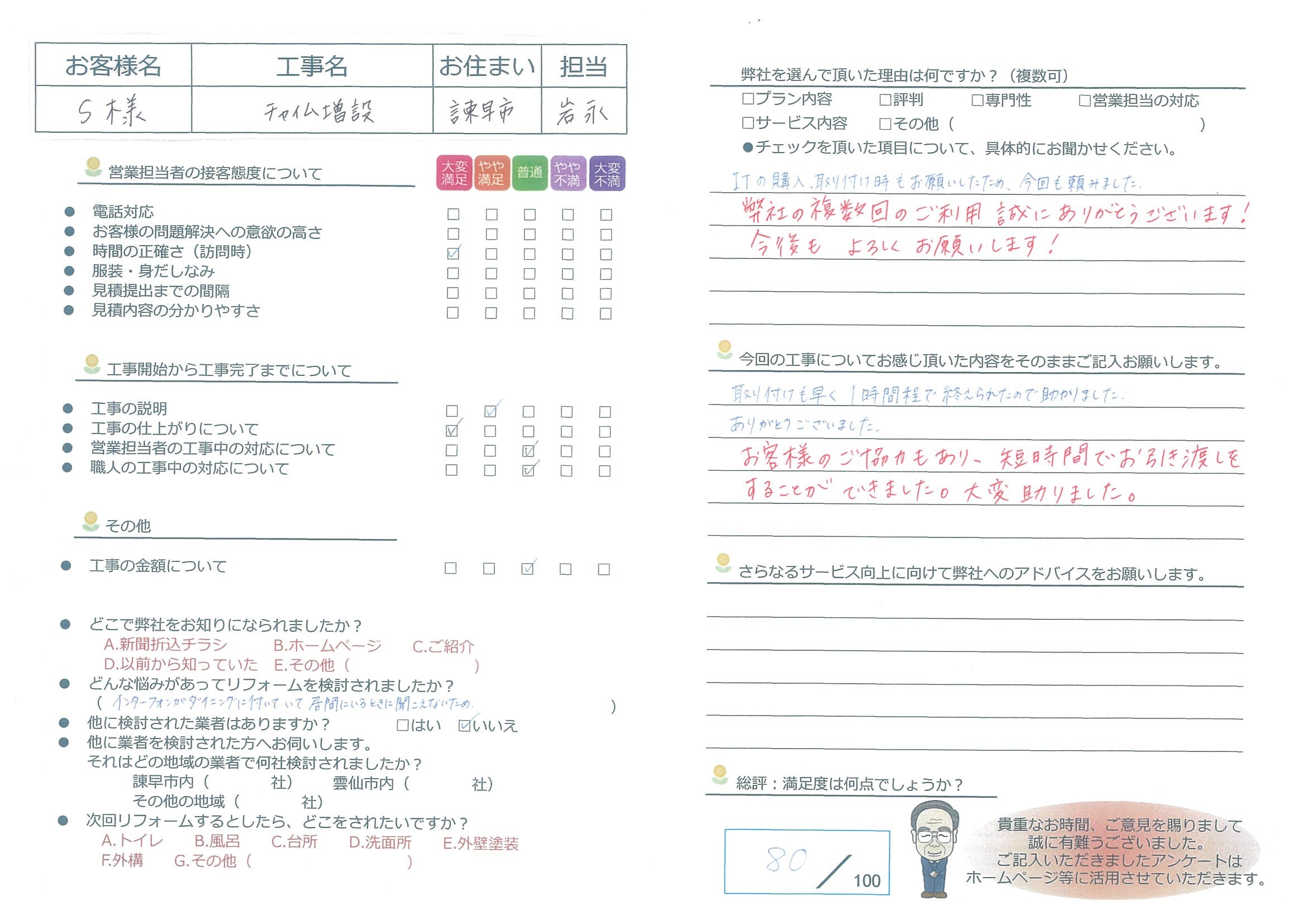 諫早市　Ｓ様邸　チャイム増設