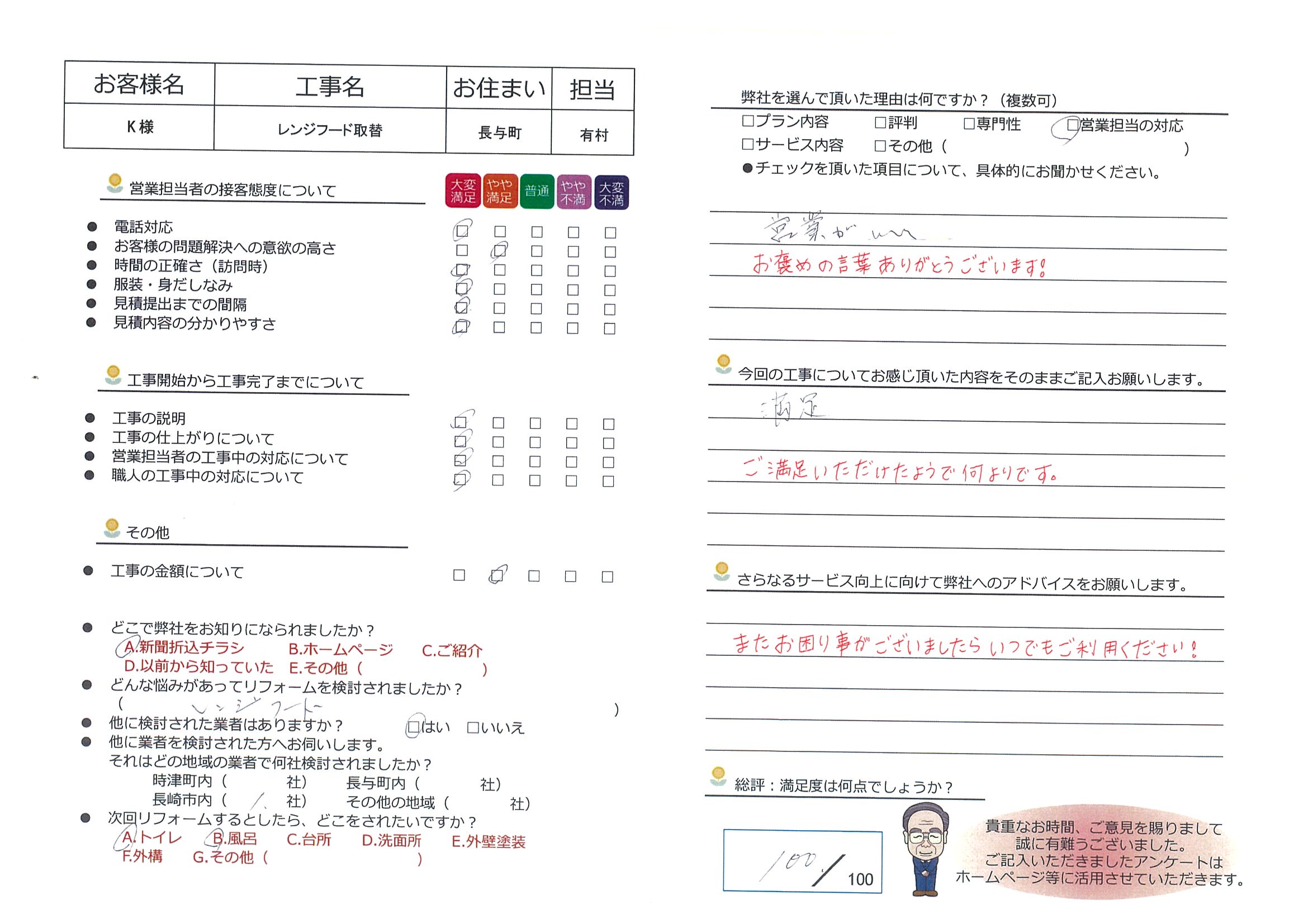 長与町　Ｋ様邸　レンジフード取替