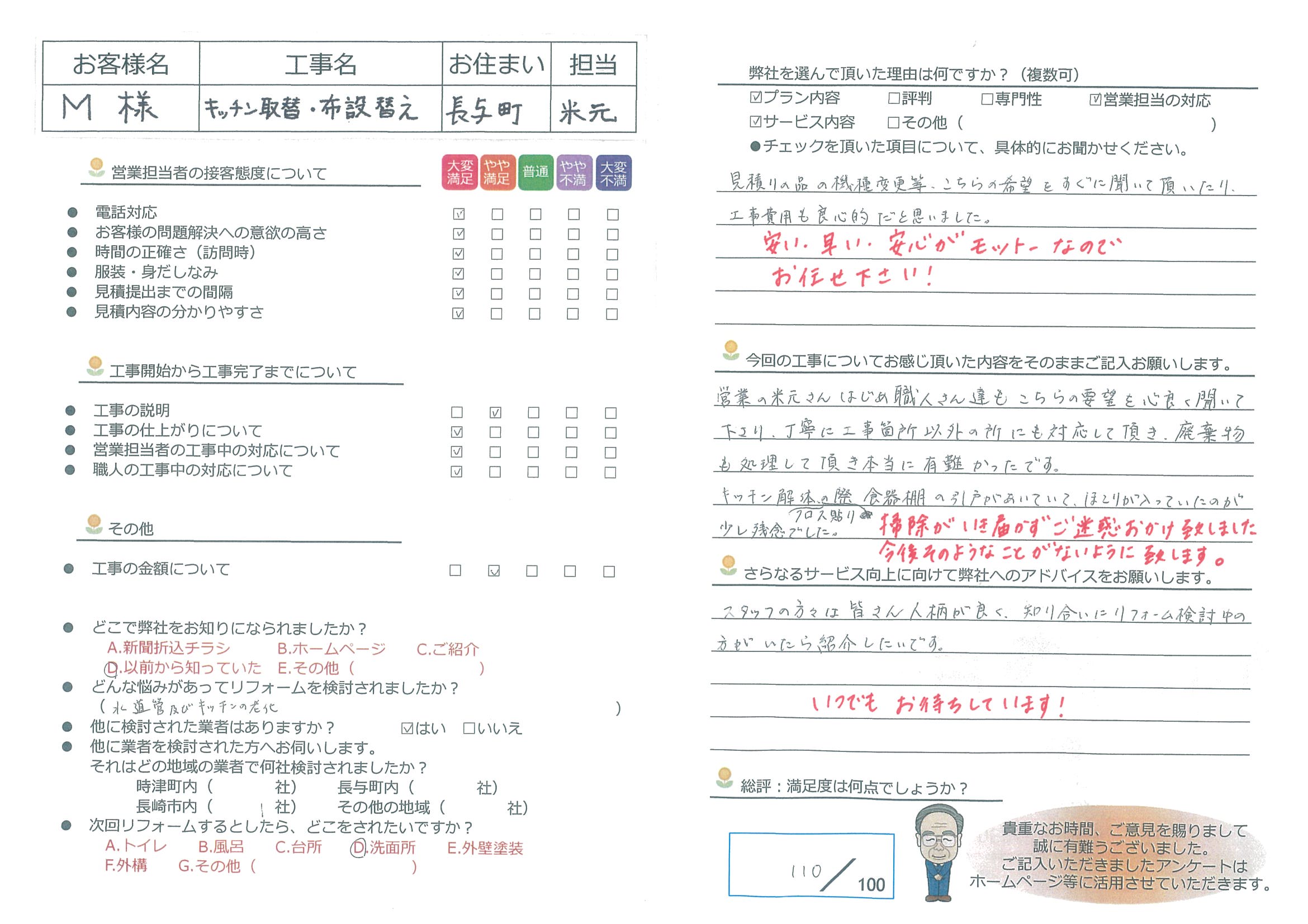 長与町　Ｍ様邸　キッチン取替・布設替え