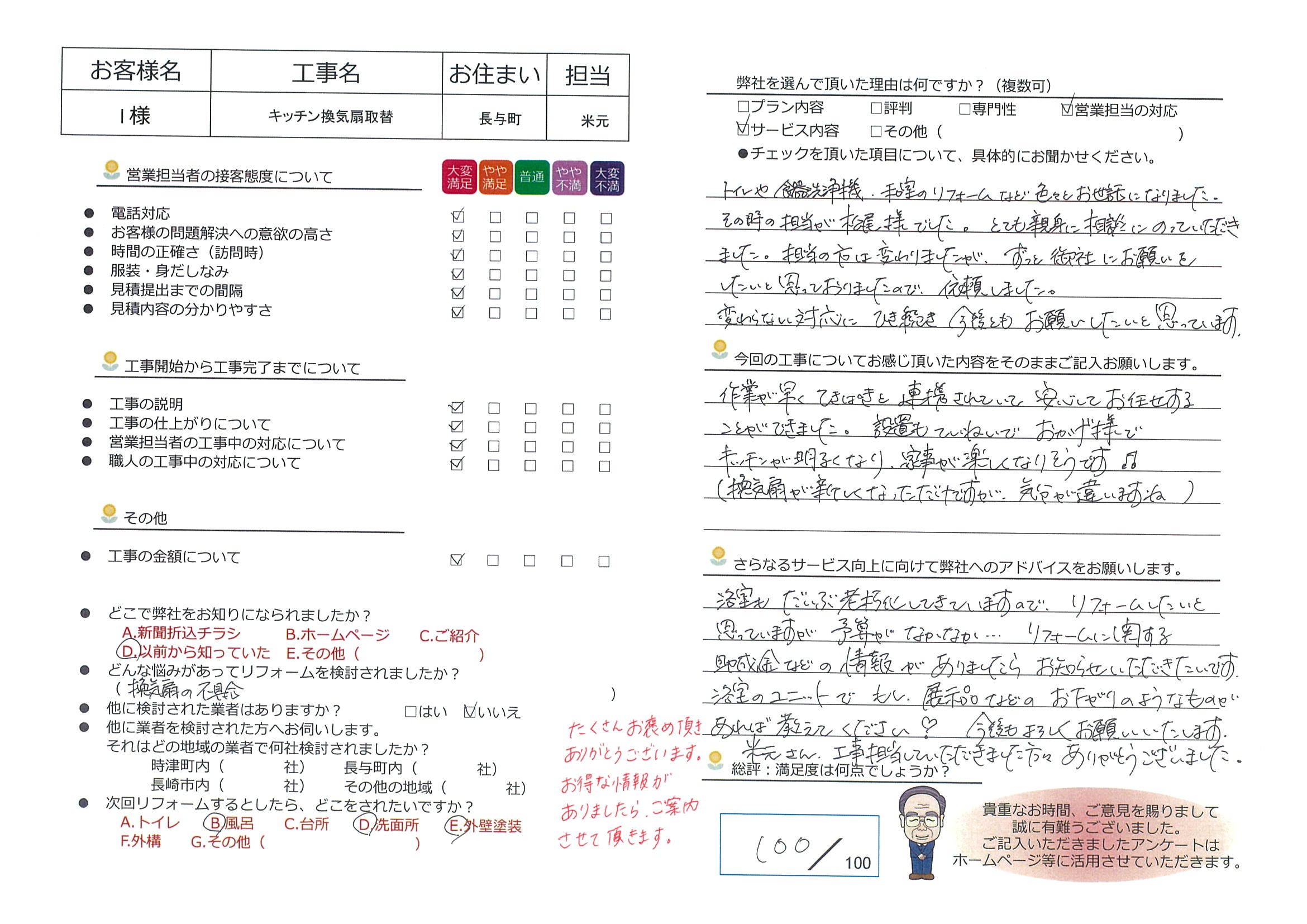 長与町　Ｉ様邸　キッチン換気扇取替