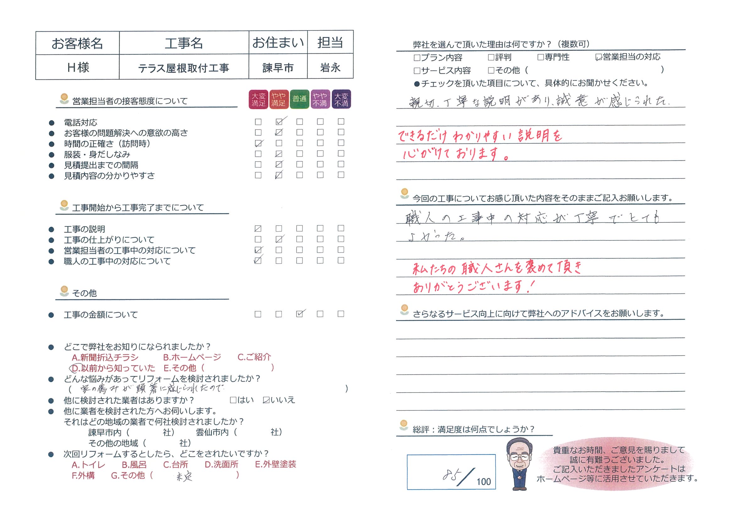 諫早市　Ｈ様邸　テラス屋根取付工事