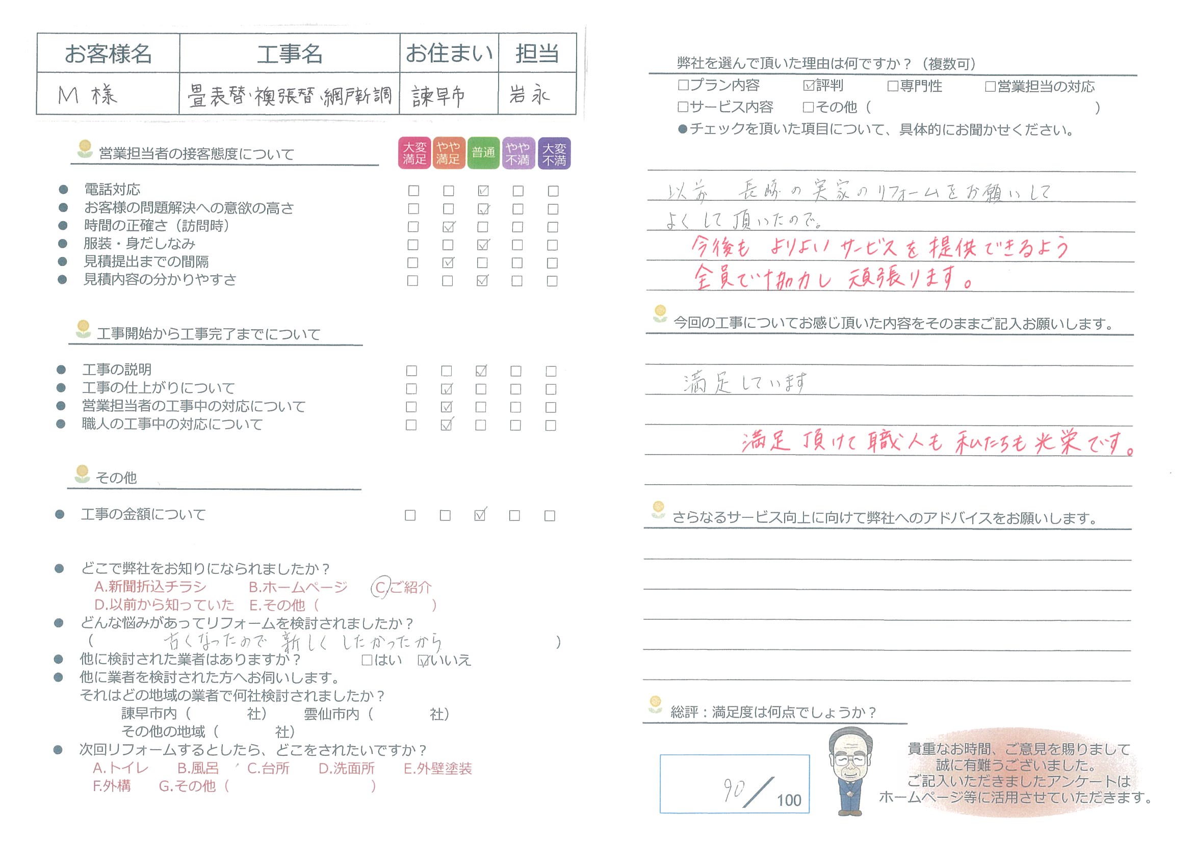 諫早市　Ｍ様邸　畳表替・襖張替・網戸新調