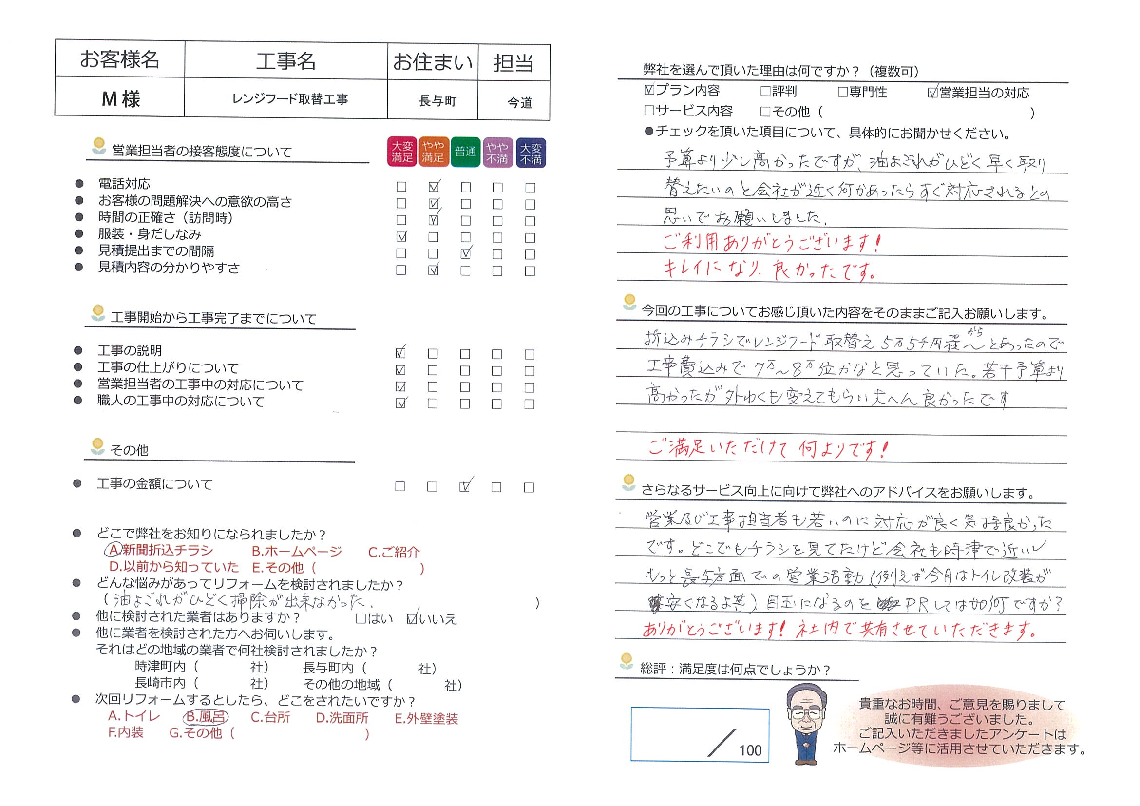 長与町　Ｍ様邸　レンジフード取替工事