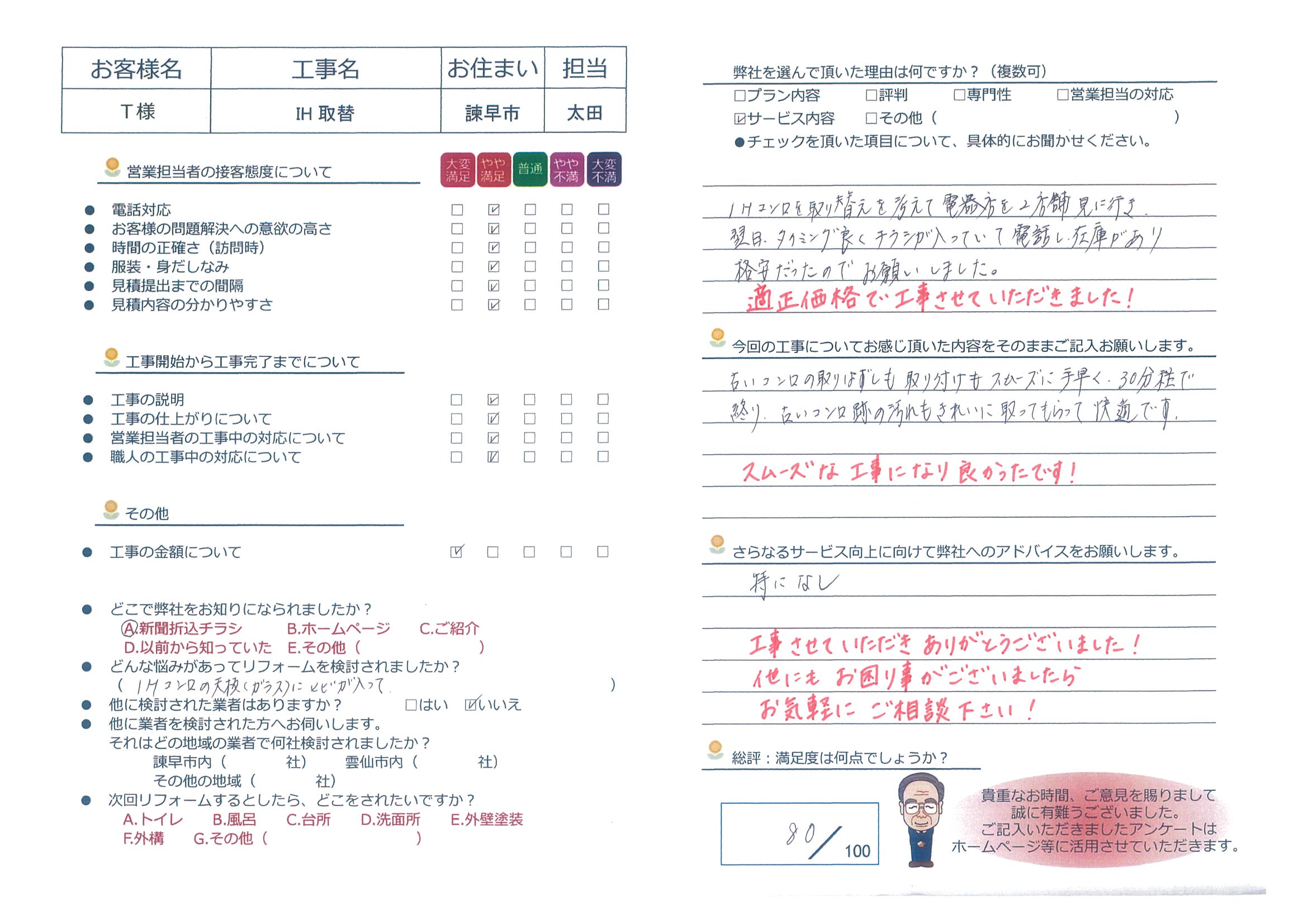 諫早市　Ｔ様邸　ＩＨ取替