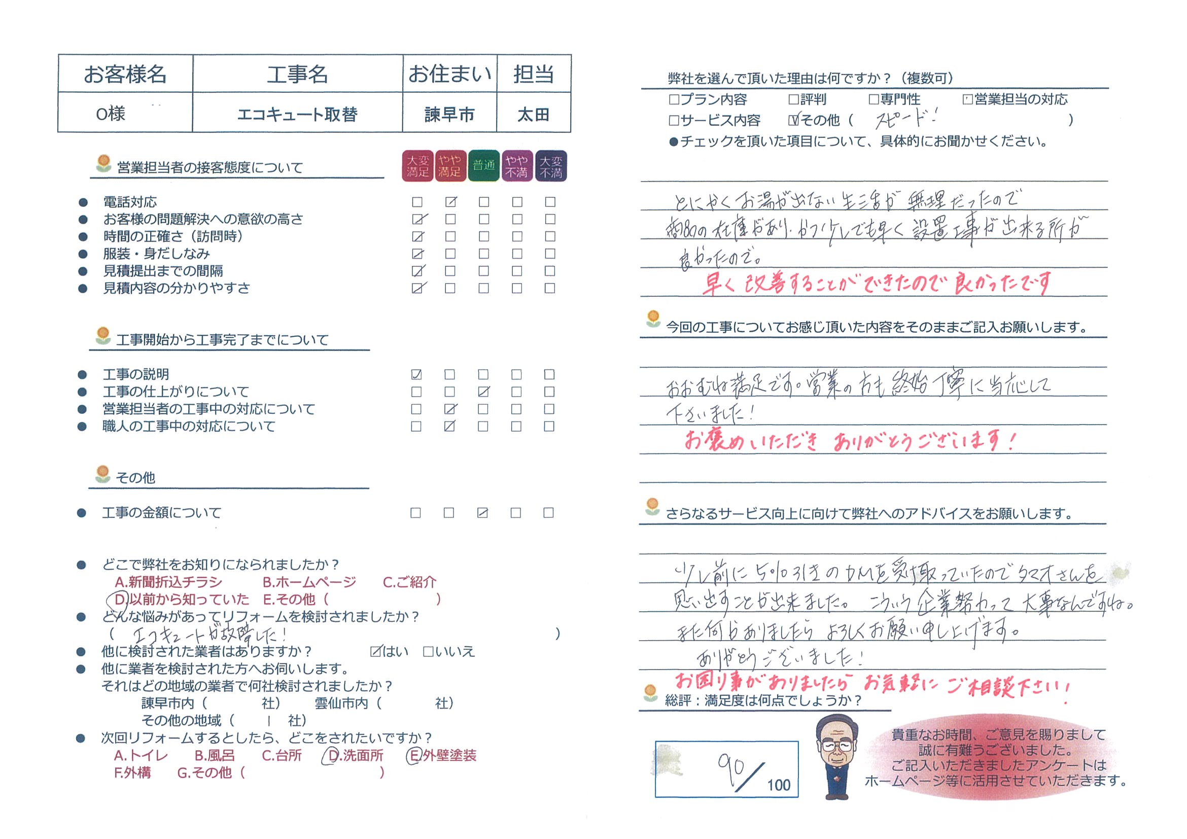 諫早市　Ｏ様邸　エコキュート取替