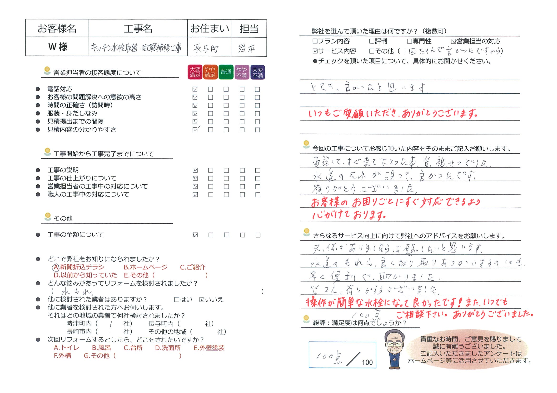 長与町　Ｗ様邸　キッチン水栓取替・配管補修工事