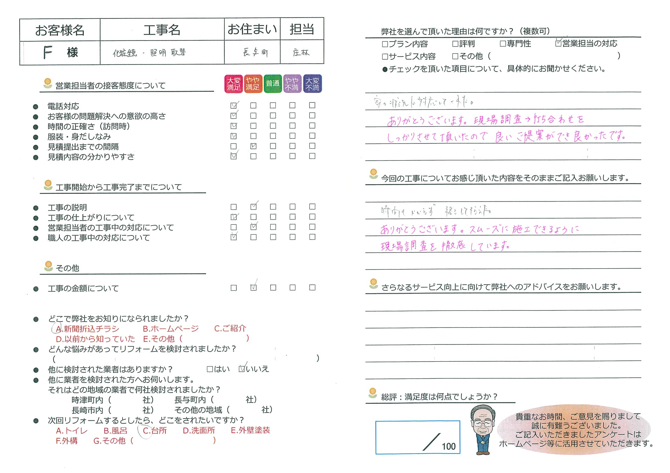 長与町　F様邸　化粧鏡・照明取替