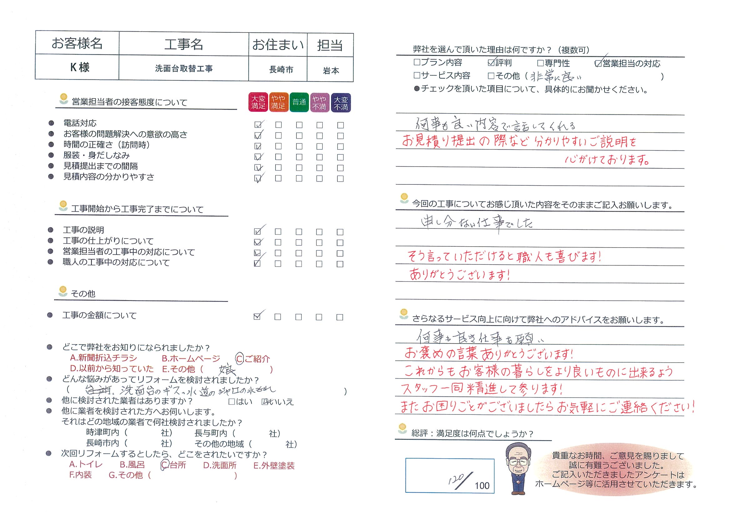 長崎市　Ｋ様邸　洗面台取替工事