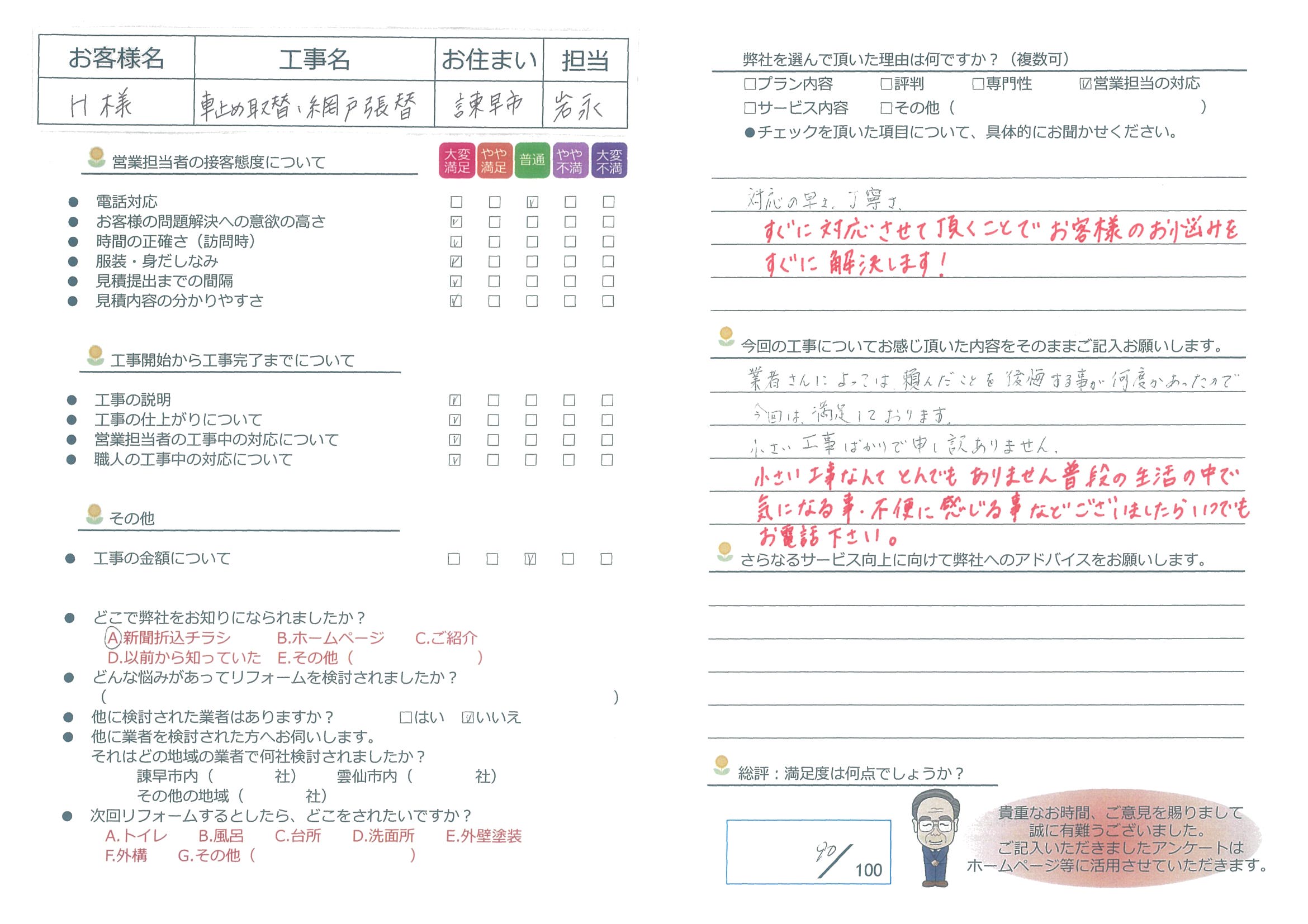 諫早市　Ｆ様邸　車止め取替・網戸張替