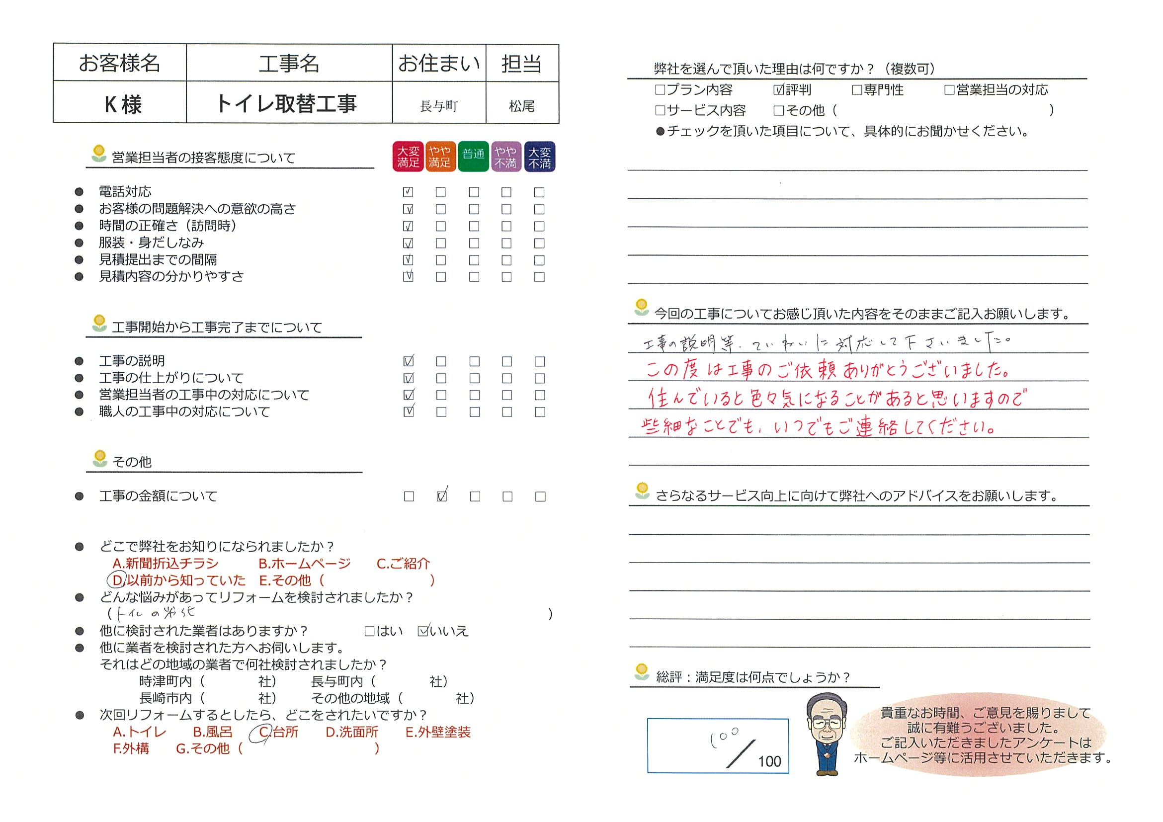 長与町　Ｋ様邸　トイレ取替工事