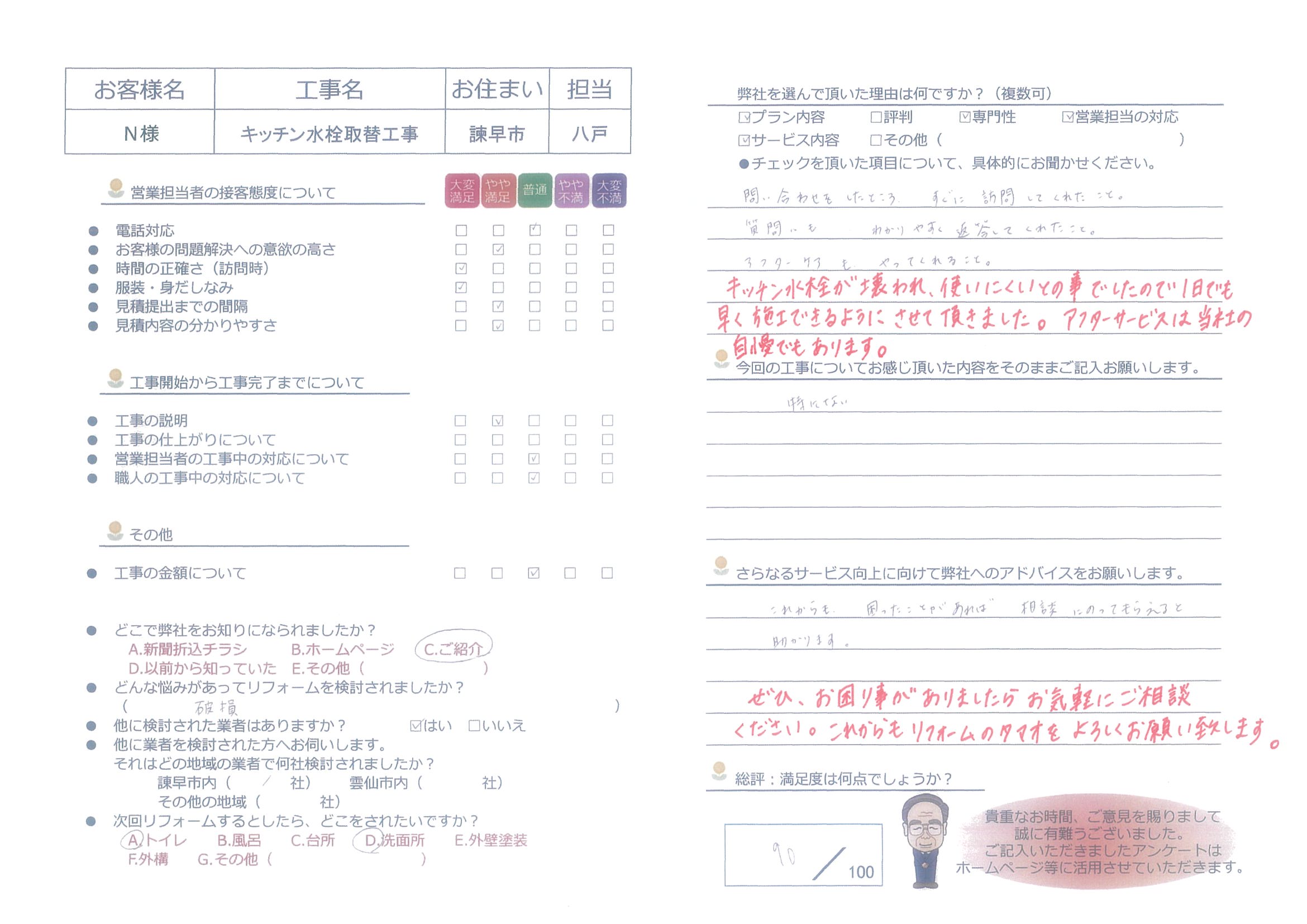 諫早市　Ｎ様邸　キッチン水栓取替工事